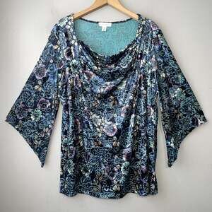Dressbarn Velvet Top Plus Size 1X Teal Blue Dark Romantic Floral Witchy Fairy